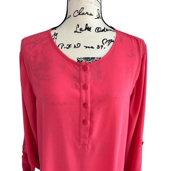 Chico's Asymmetrical Hem Sheer Dark Peach Tunic Top Sz 2 US Large Roll Tab Sleev - Picture 5 of 8